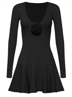 Black Long-Sleeve Fit & Flare Dress with Rosette Accent